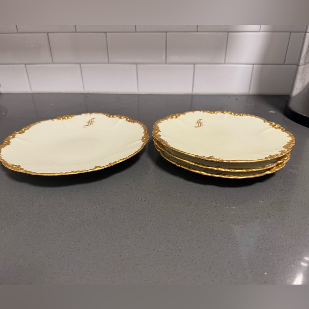 Jean Pouyat Limoges JPL France  gold trimmed ornate plates. Monogram F, custom